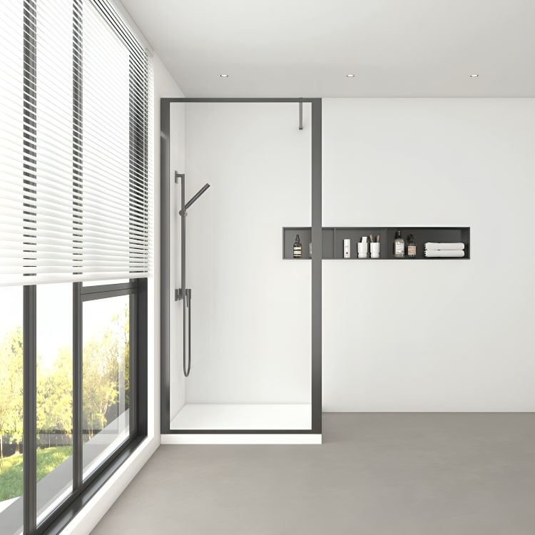 Mampara de ducha Múnich con diseño walk-in. Vidrio templado de 8 mm, marco de aluminio y acabados premium. Accesibilidad y elegancia para cualquier baño.
SKU: F005-1+F12P2