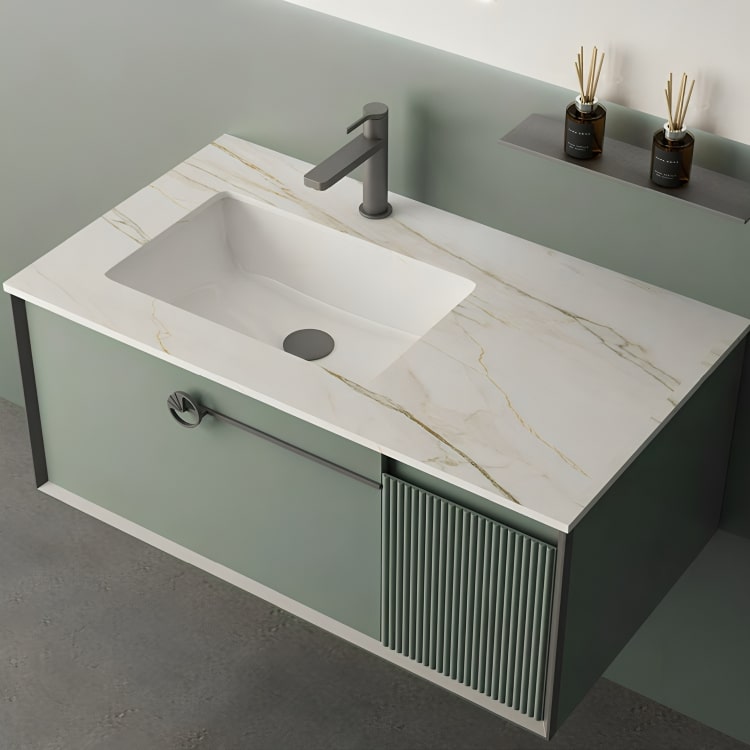 Mueble de baño Rafaello en verde Morandi con encimera de piedra sinterizada y cierre suave. Diseño elegante, materiales premium y certificaciones internacionales.
SKU: WS815300-100