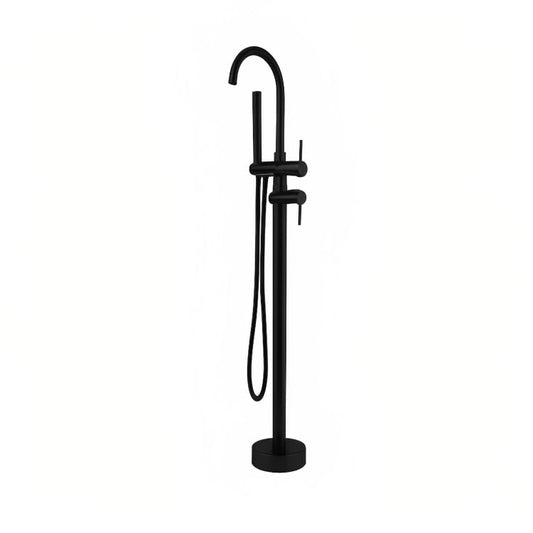 Llave de pedestal Volga en cromo o negro mate. Diseño premium, latón de alta resistencia, ducha de mano y cartucho cerámico. Elegancia y funcionalidad para baños de lujo.